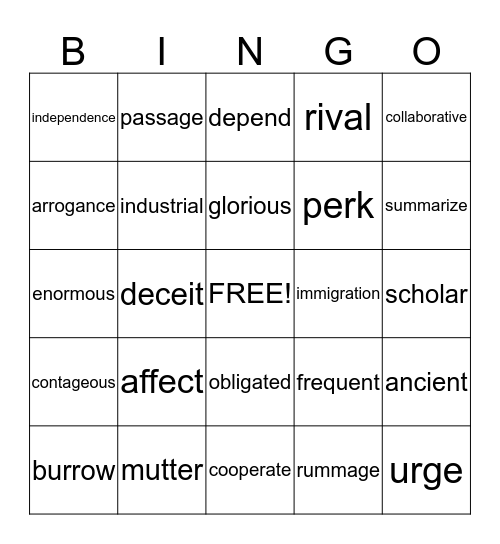 Ethan's Vocabulary Bingo Card