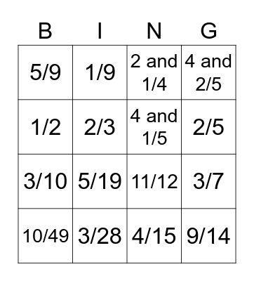 Fraction Operation Bingo Card