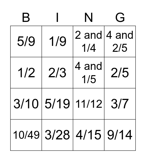 Fraction Operation Bingo Card