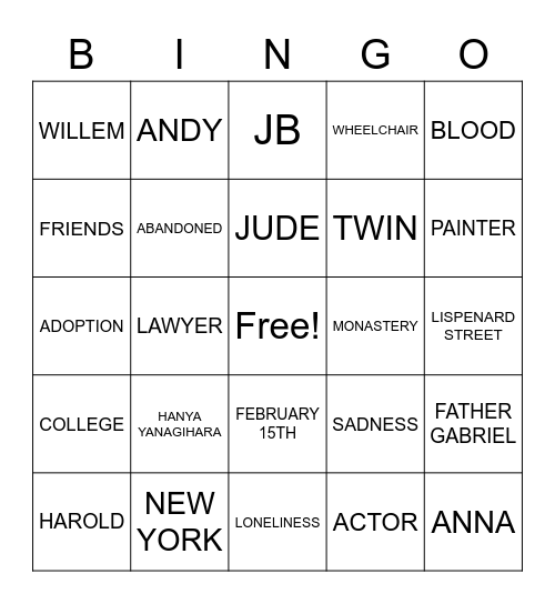 A LITTLE LIFE Bingo Card