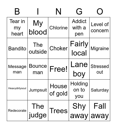 Twenty-one pilots songs Bingo Card