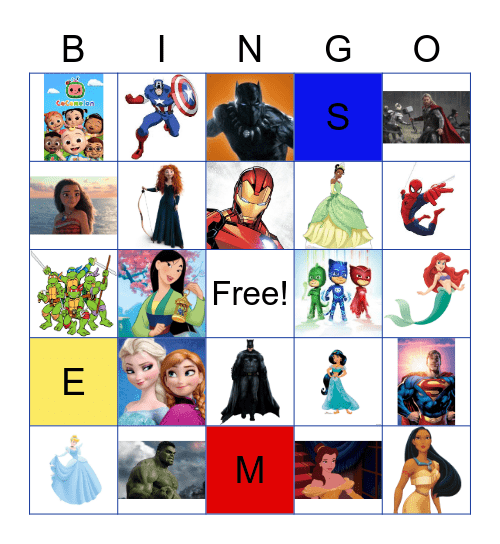Superheroes & Princesses Bingo Card