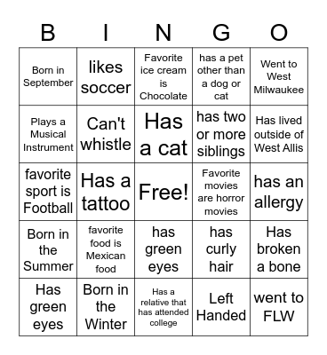 Get to know you Bingo Card