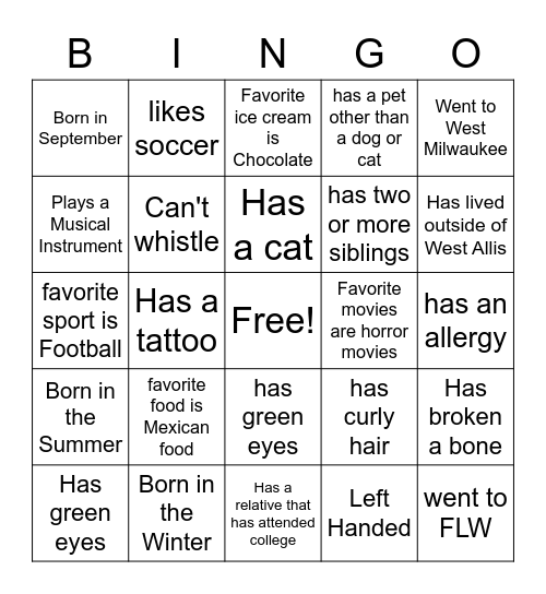 Get to know you Bingo Card