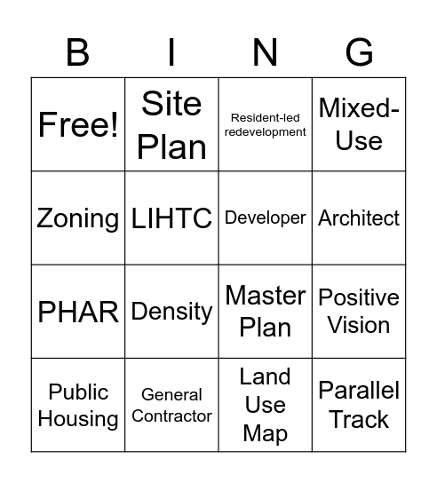 Redevelopment Bingo Card