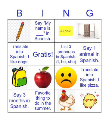 Spanish review 1st into 2nd Grade Bingo Card