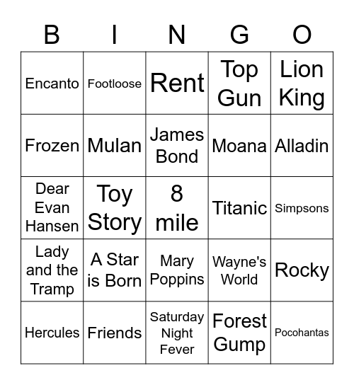 Famous Songs from Movies Bingo Card