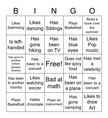 Class Introduction Bingo Card