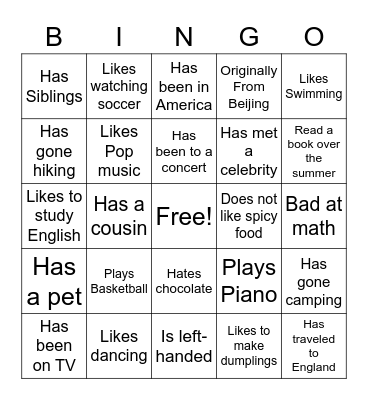 Class Introduction Bingo Card
