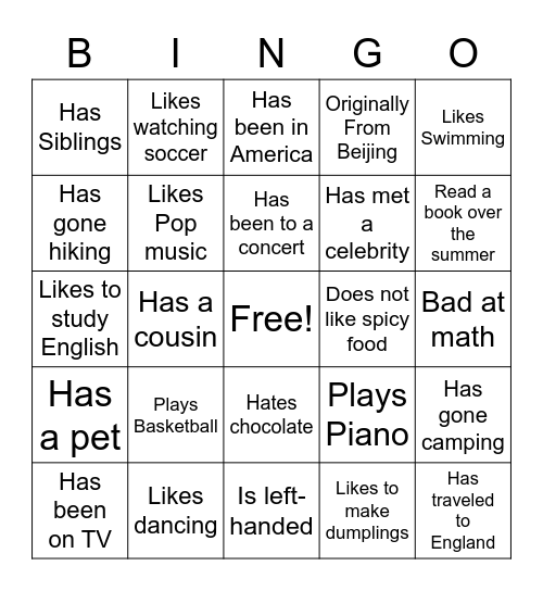 Class Introduction Bingo Card