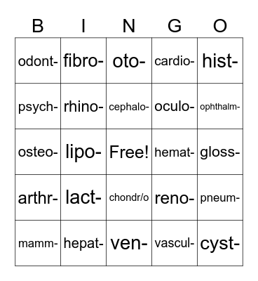 Medical Terminology - #1 Bingo Card