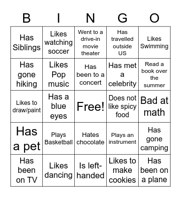 Class Introduction Bingo Card