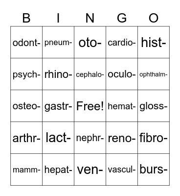 Medical Terminology - #1 Bingo Card