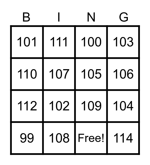 Grade 2 Number Bingo Card