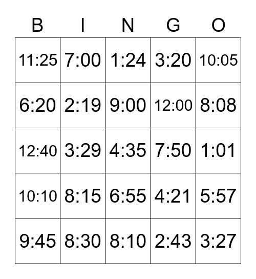 Calendar Dates Bingo Card