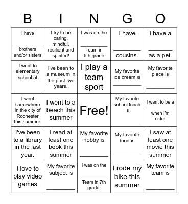 Welcome Back to School Bingo Card