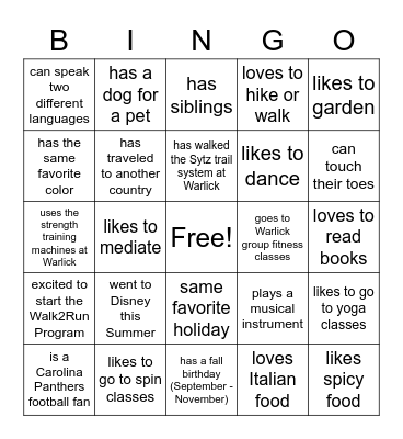 Walk2Run Bingo Card