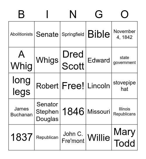 Who Was Abraham Lincoln? CH3&4 Bingo Card