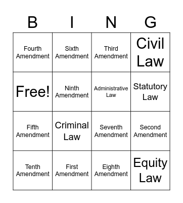 Bill of Rights/Laws/Miranda Rights Bingo Card