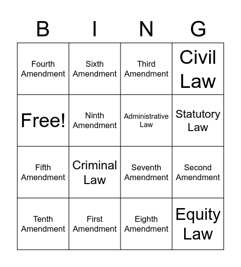 Bill of Rights/Laws/Miranda Rights Bingo Card