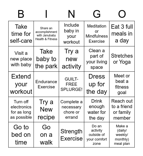 Janubabies Health and Fitness Bingo Card