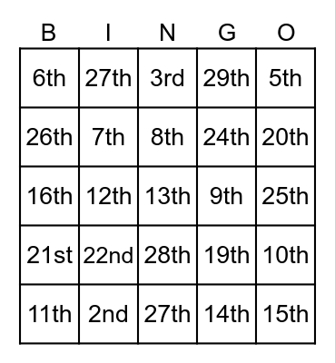 Ordinal Numbers Bingo Card