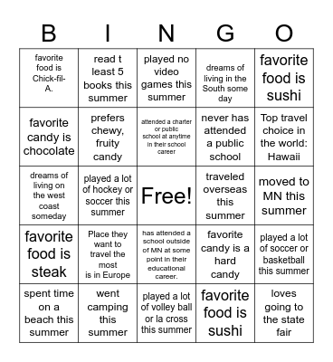 2022 Homeroom Bingo Card