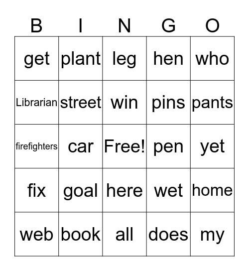 Lesson 4 Bingo Card