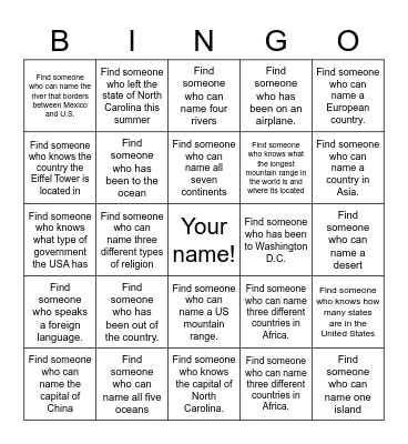 Get to know YOU Geography Bingo Card