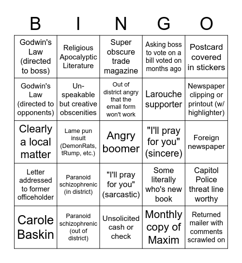 Congressional Mail Bingo Card