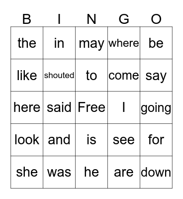 Sight Words  Bingo Card