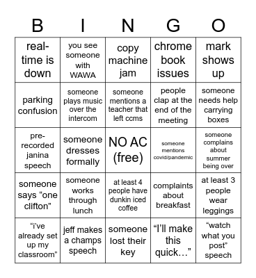 First day back Bingo Card