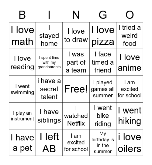 Grade 7 Summer Fun Bingo Card