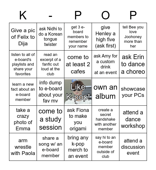 K-Pop Club Bingo Card