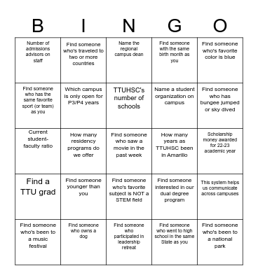 TTUHSC JHH School of Pharmacy Bingo Card