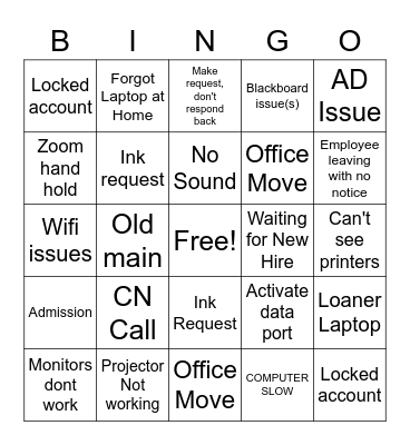 First Week of Classes Bingo Card