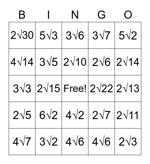 Radicals Bingo Card
