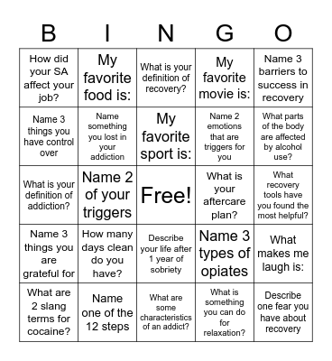 Recovery Bingo! Bingo Card