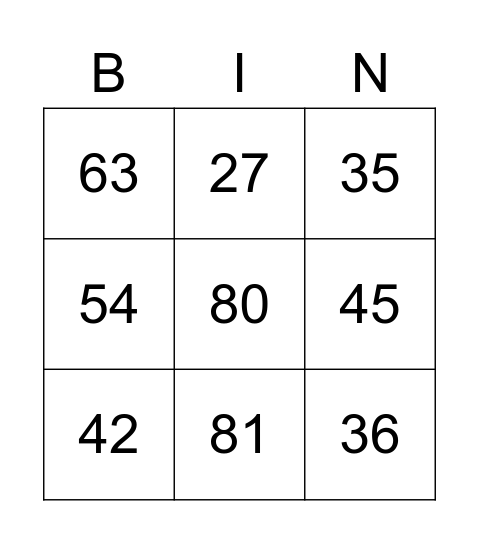 X =7, Y = 8 & Z = 9 Bingo Card