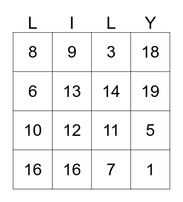 Lily's Maths Bingo Card