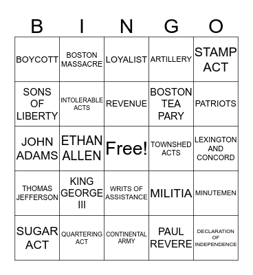 The Road to Revolution  Bingo Card