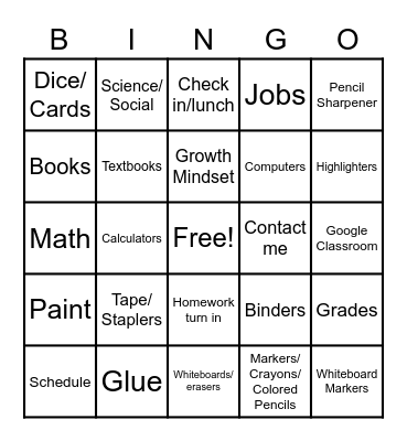 Back to School BINGO Card