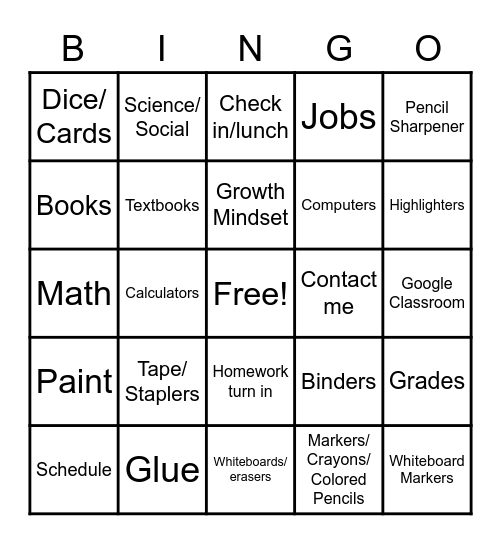 Back to School BINGO Card