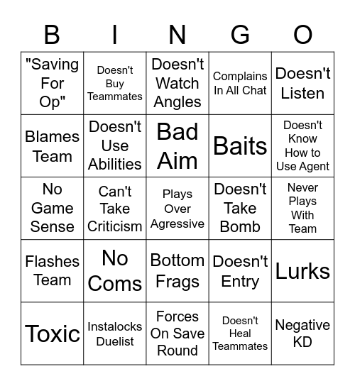 Bad Teammate Bingo Card