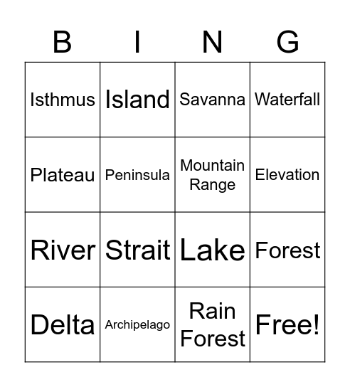 Landform Bingo Card