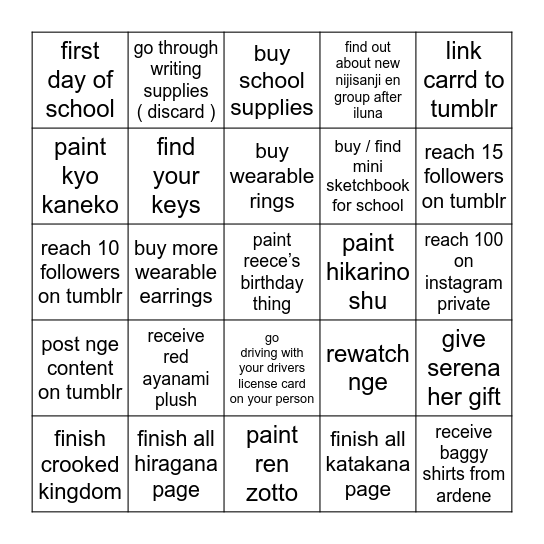 cross it off if it wont happen Bingo Card