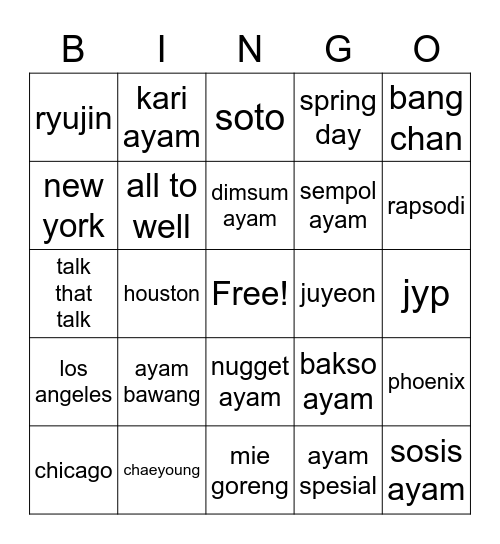 Bingo Yuri Bingo Card