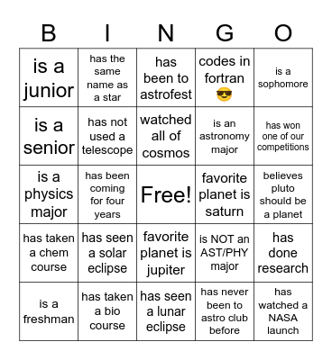 Astronomy Club Bingo Card