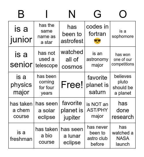 Astronomy Club Bingo Card