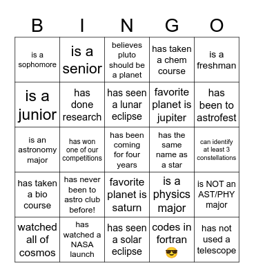 Astronomy Club Bingo Card
